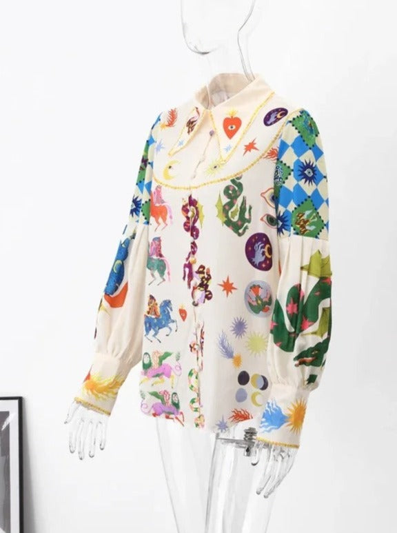 Elegant Graphic Printed Bubble Long Sleeve Blouse