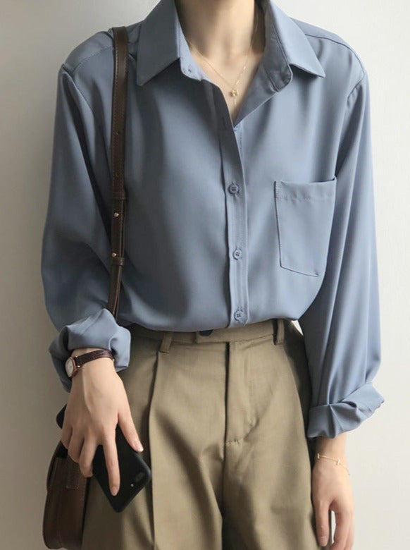 Blue Korean Long Sleeve Lapel Shirt