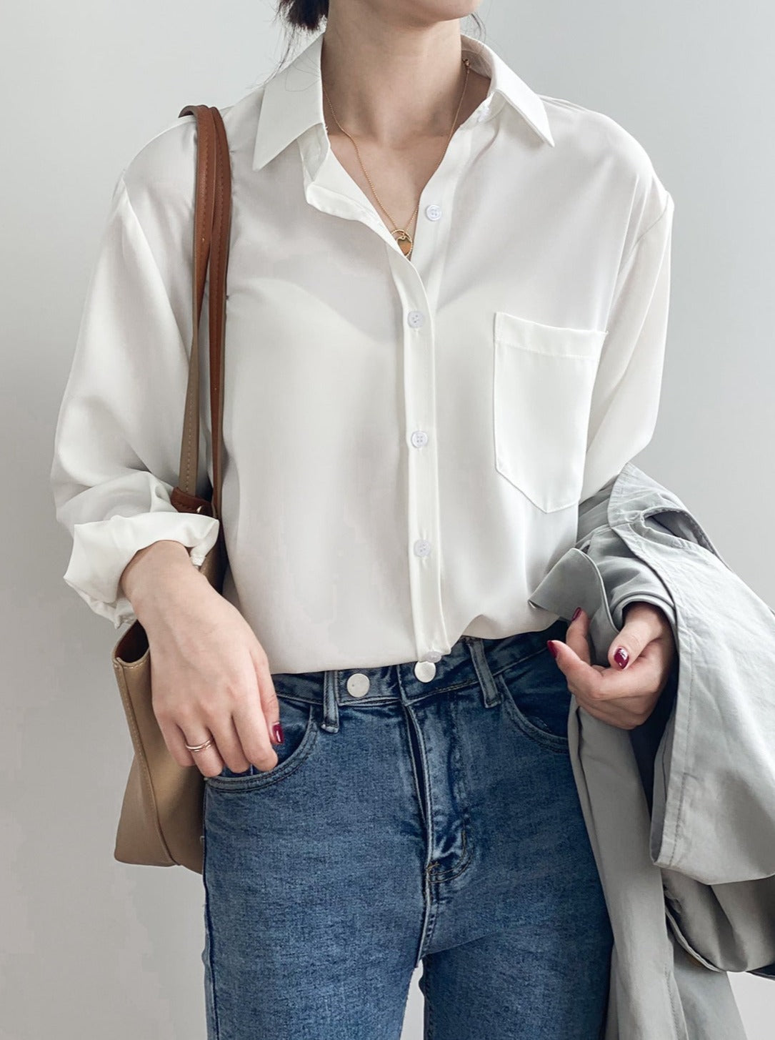 White Long Sleeve Lapel Shirt