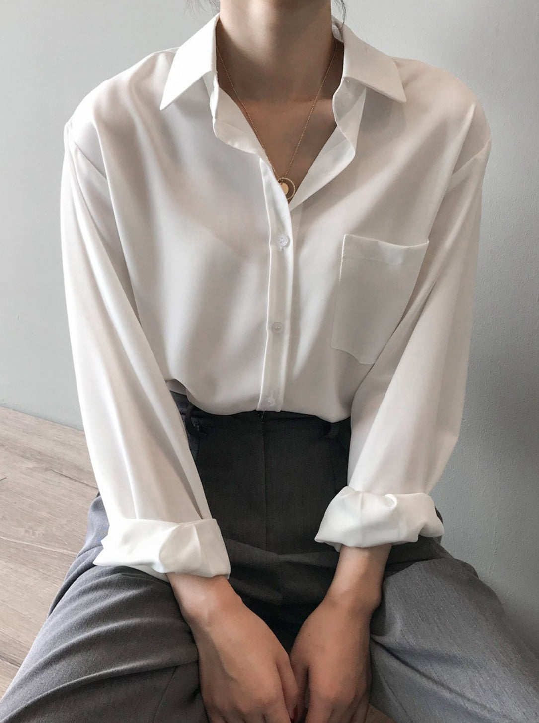 White Long Sleeve Lapel Shirt