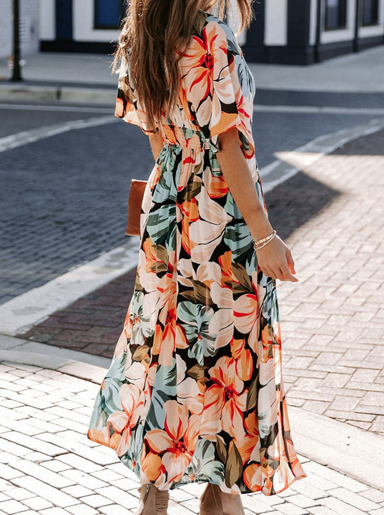 V-Neck Printed Loose Slit Dress