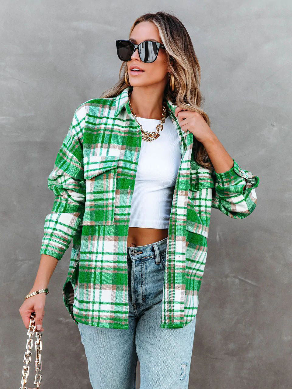 Chic Trendy Green Plaid Overshirt