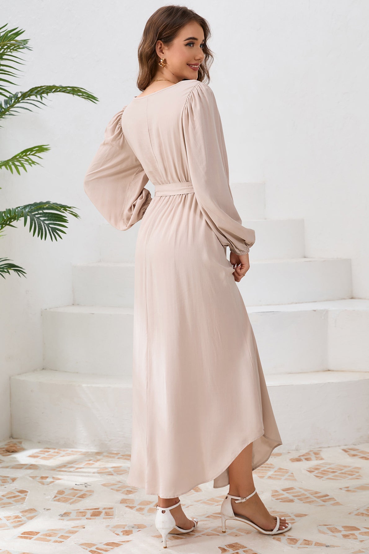 Elegant Tie Waist Long Sleeve Maxi Dress