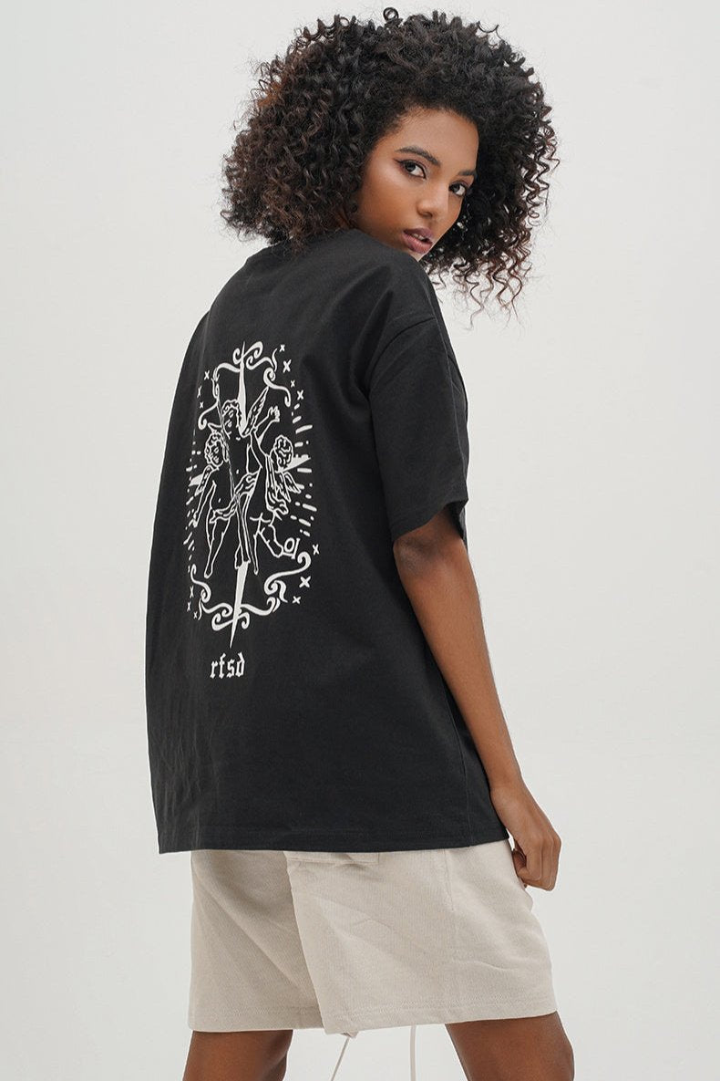 Black Graphic Printed Round Neck Loose T-Shirt