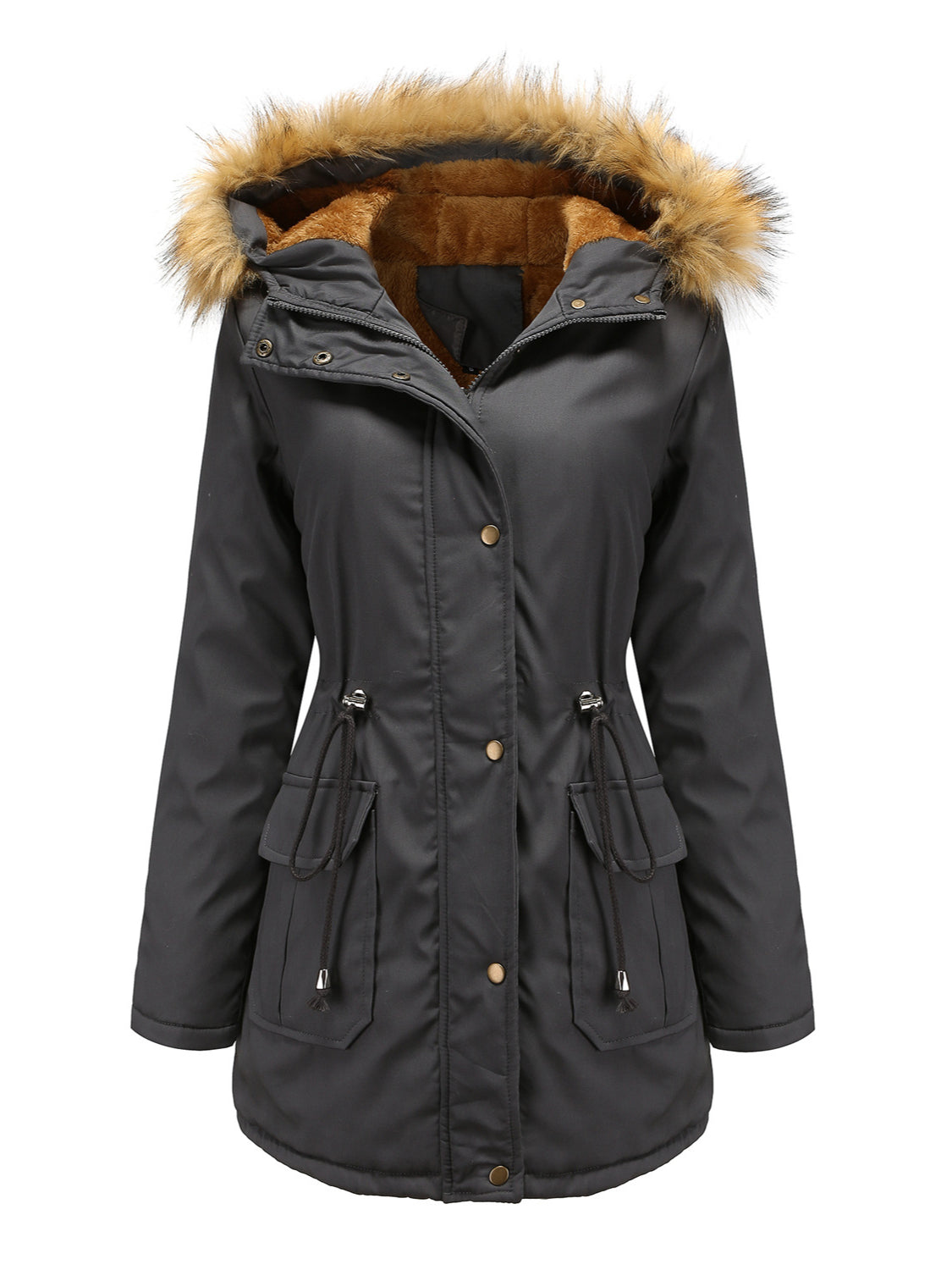 Damen Parka Mit Flauschfutter Und Fellkapuze – Warme Winterjacke Mit Taillenzug