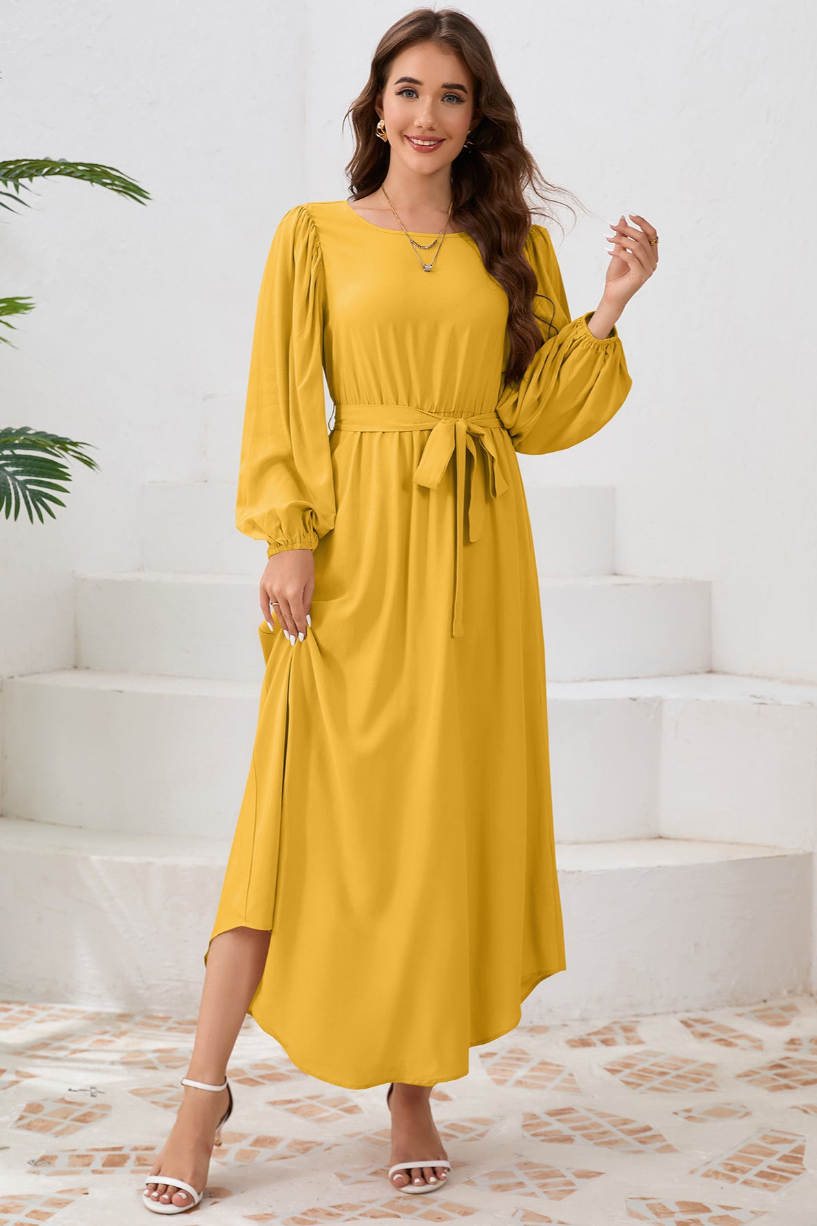 Elegant Tie Waist Long Sleeve Maxi Dress