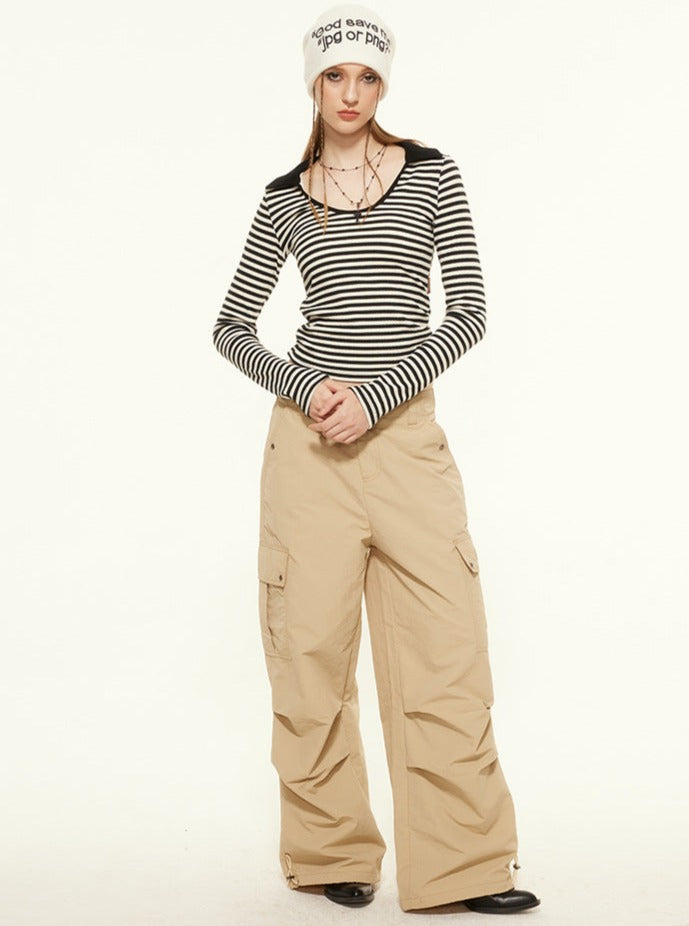 Sexy U-Collar Striped Long-Sleeved Top