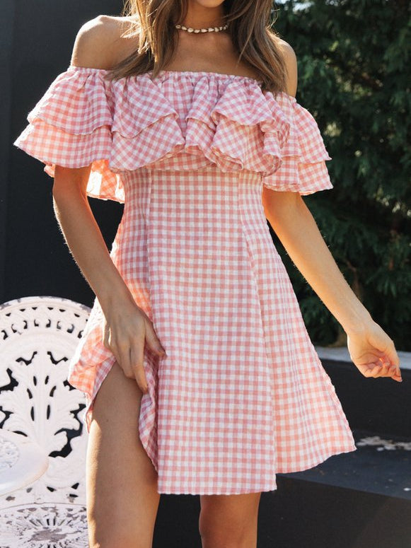 Plaid Off Shoulder Leaf Collar Dress