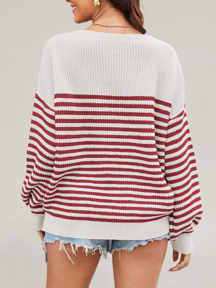 Damen Gestreifter Strickpullover Weit Lässig Rundhals Langarm