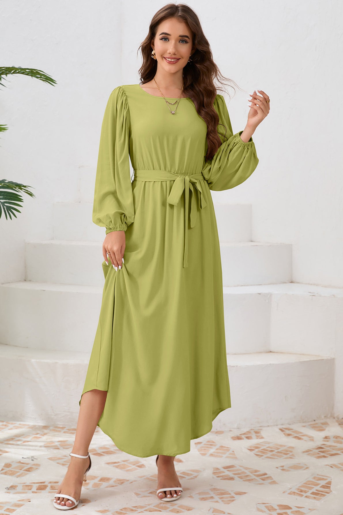 Elegant Tie Waist Long Sleeve Maxi Dress