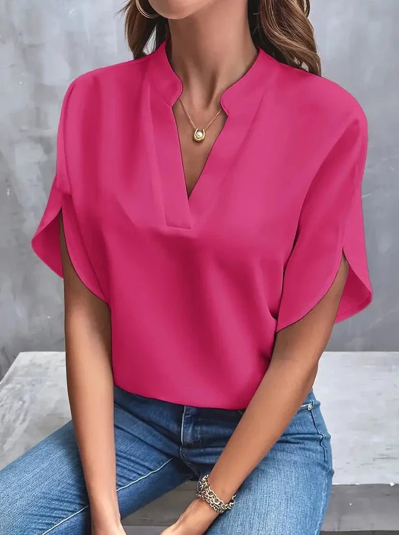 Elegant Short Sleeve Deep Notch V Neck Blouse