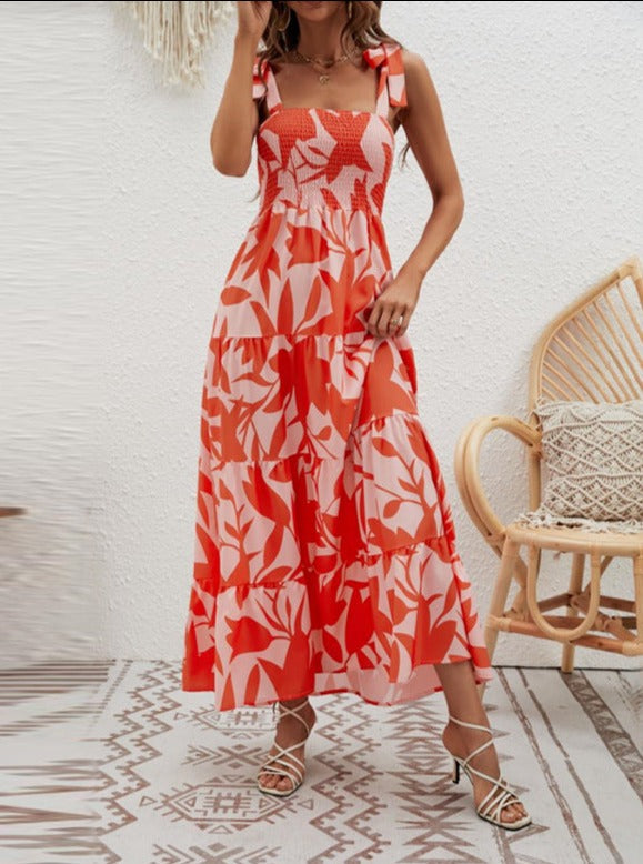 Smocked Tiered Sleeveless Halter Midi Dress