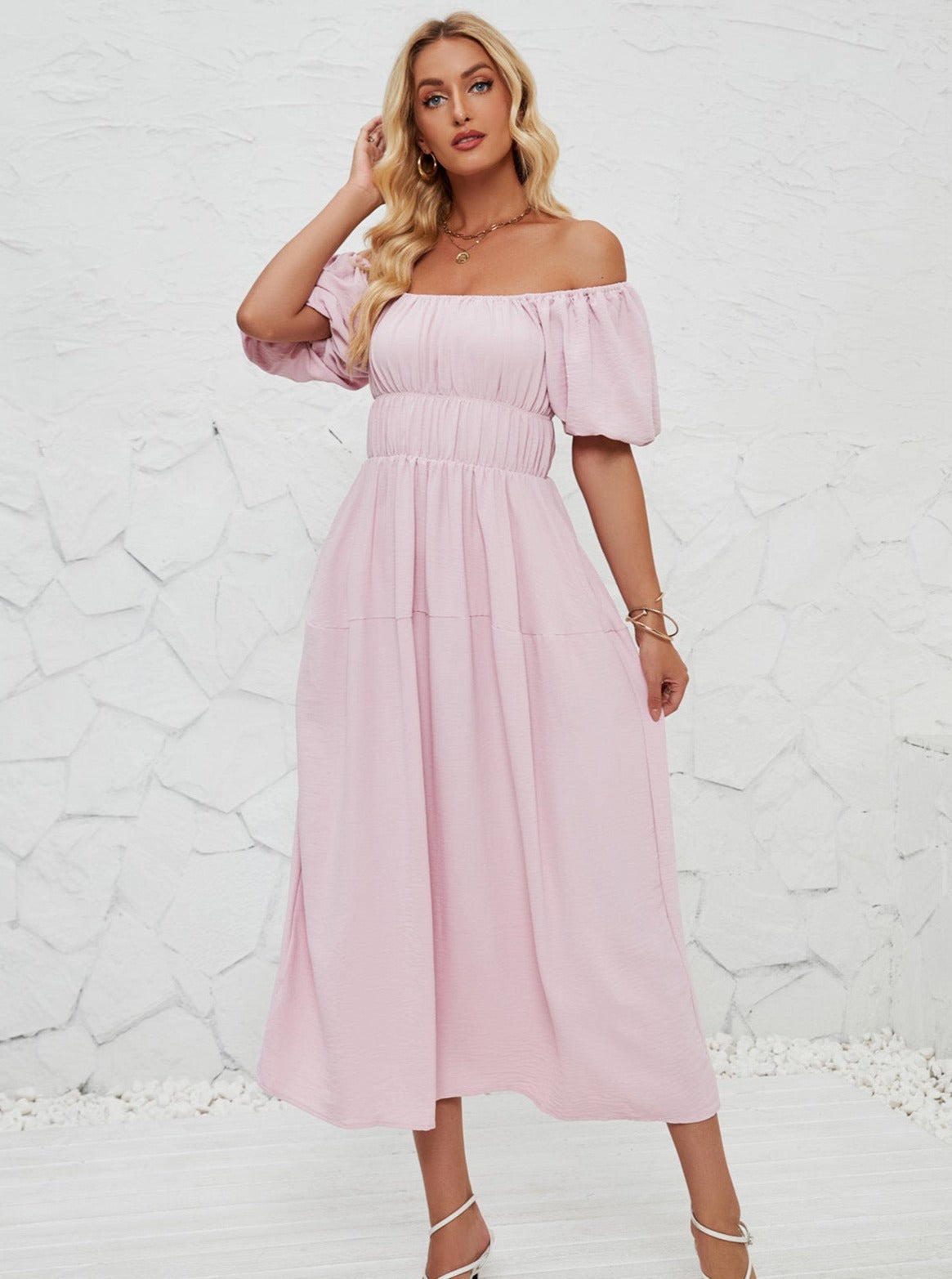 Schulterfreies Maxikleid, Elegant Sommerkleid mit Puffärmeln