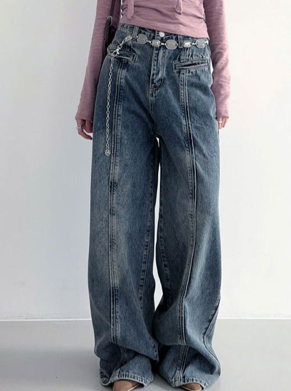 Low Waist Washed Straight Fit Wide Leg Pants