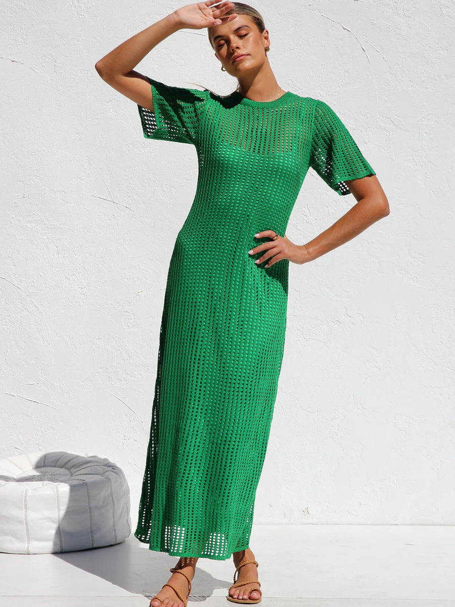 Green Casual Round Neck Short Sleeve Hollow Mid-Length Dress