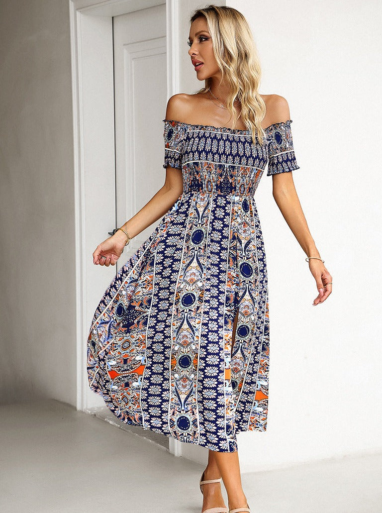 Summer Off Shoulder Bohemian Slit Midi Dress