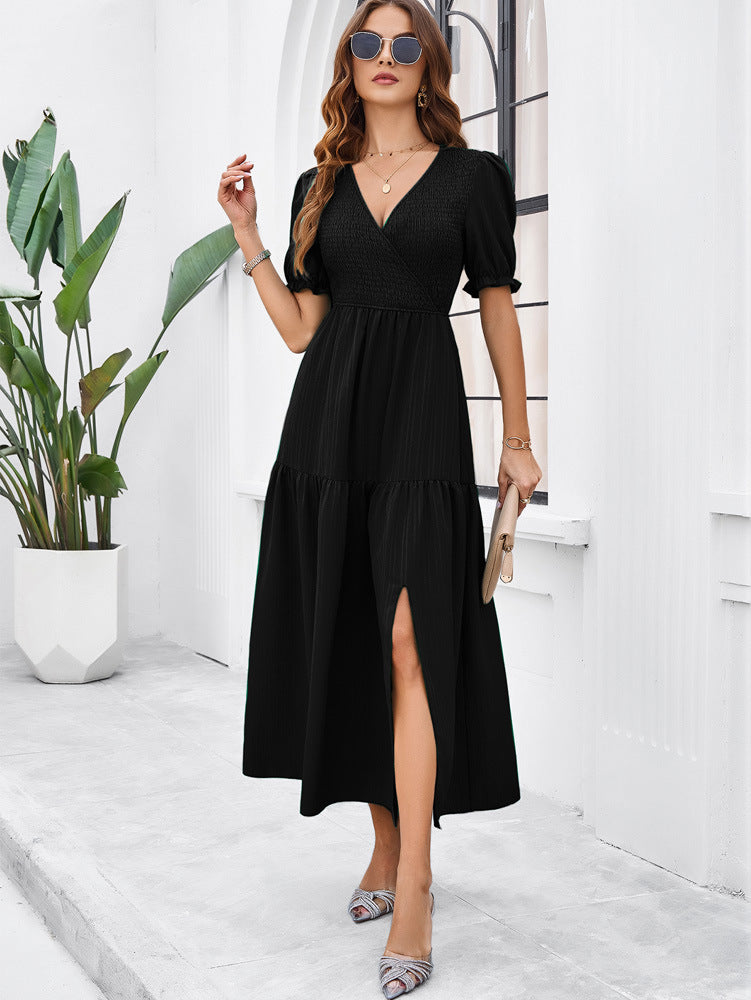 Black V-Neck Short Sleeved Long Dress