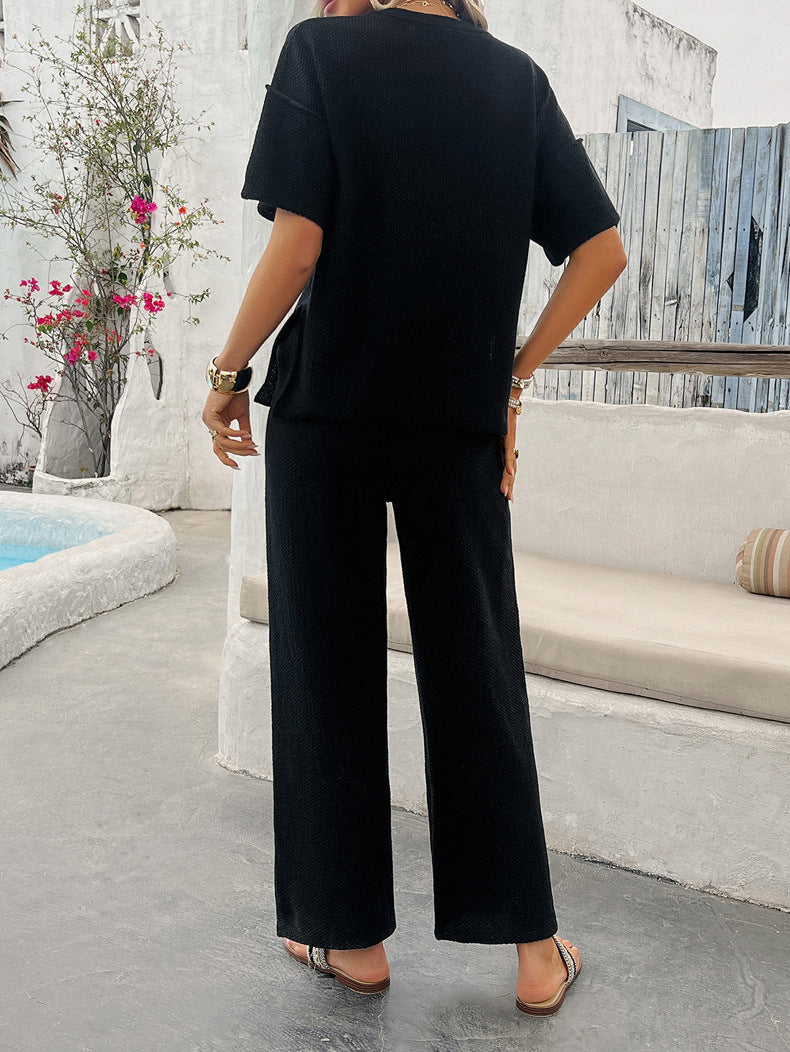 Black Elegant Short Sleeve Top and Pants Set