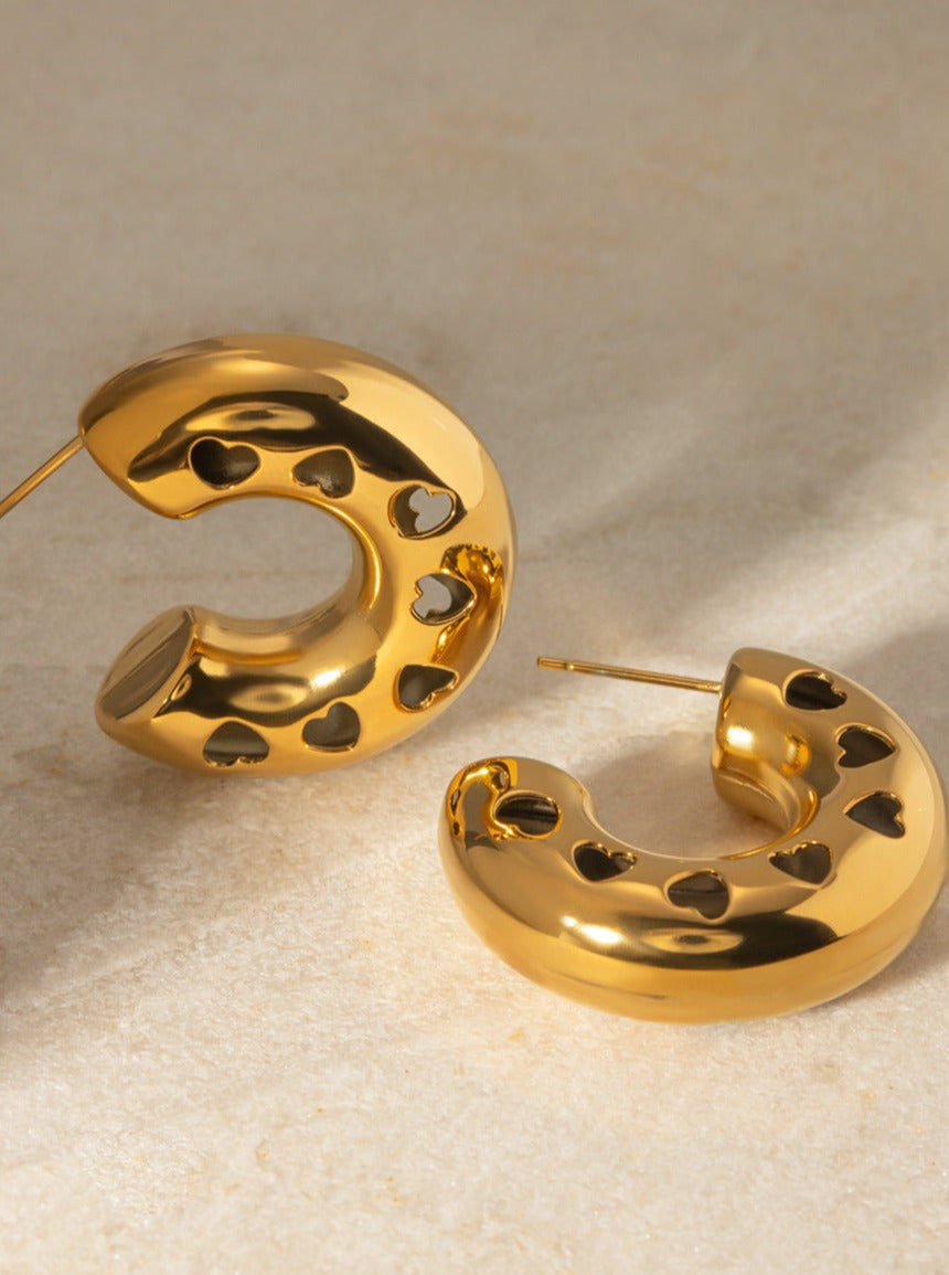 Heart Hollowed C-Shape Gold Plated Earrings