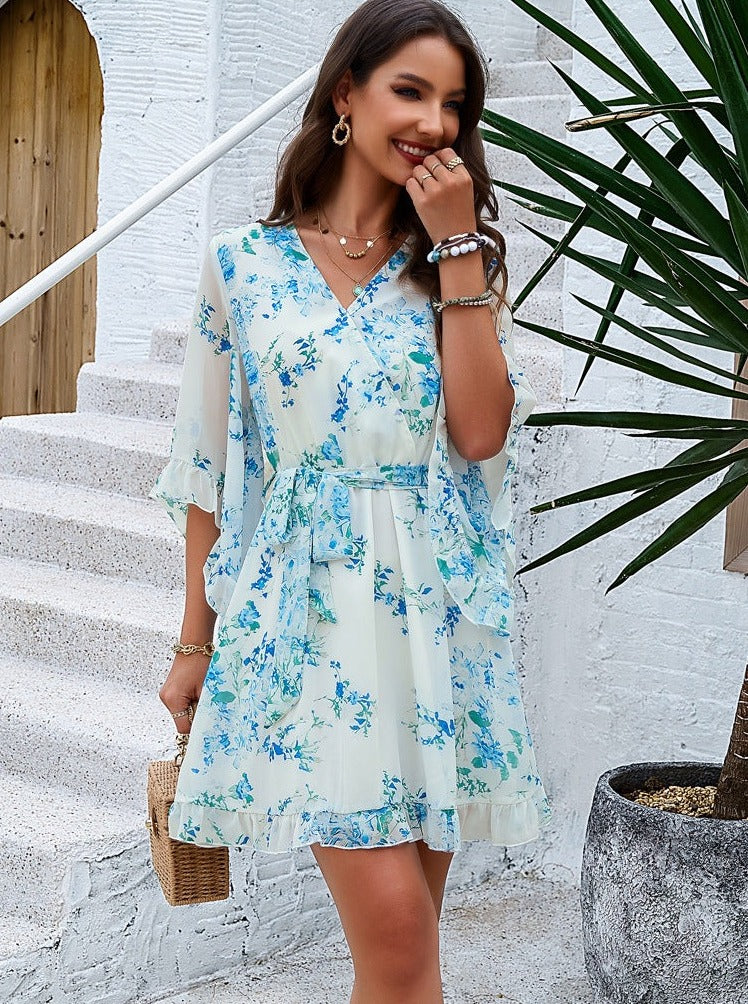 Elegant Blue Printed Lace Dress