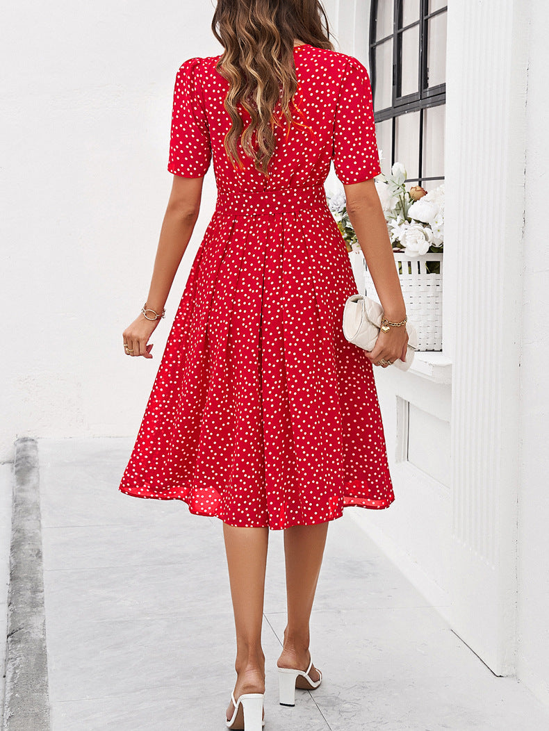 Retro Polka Dots Printed Round Neck A-Line Dress