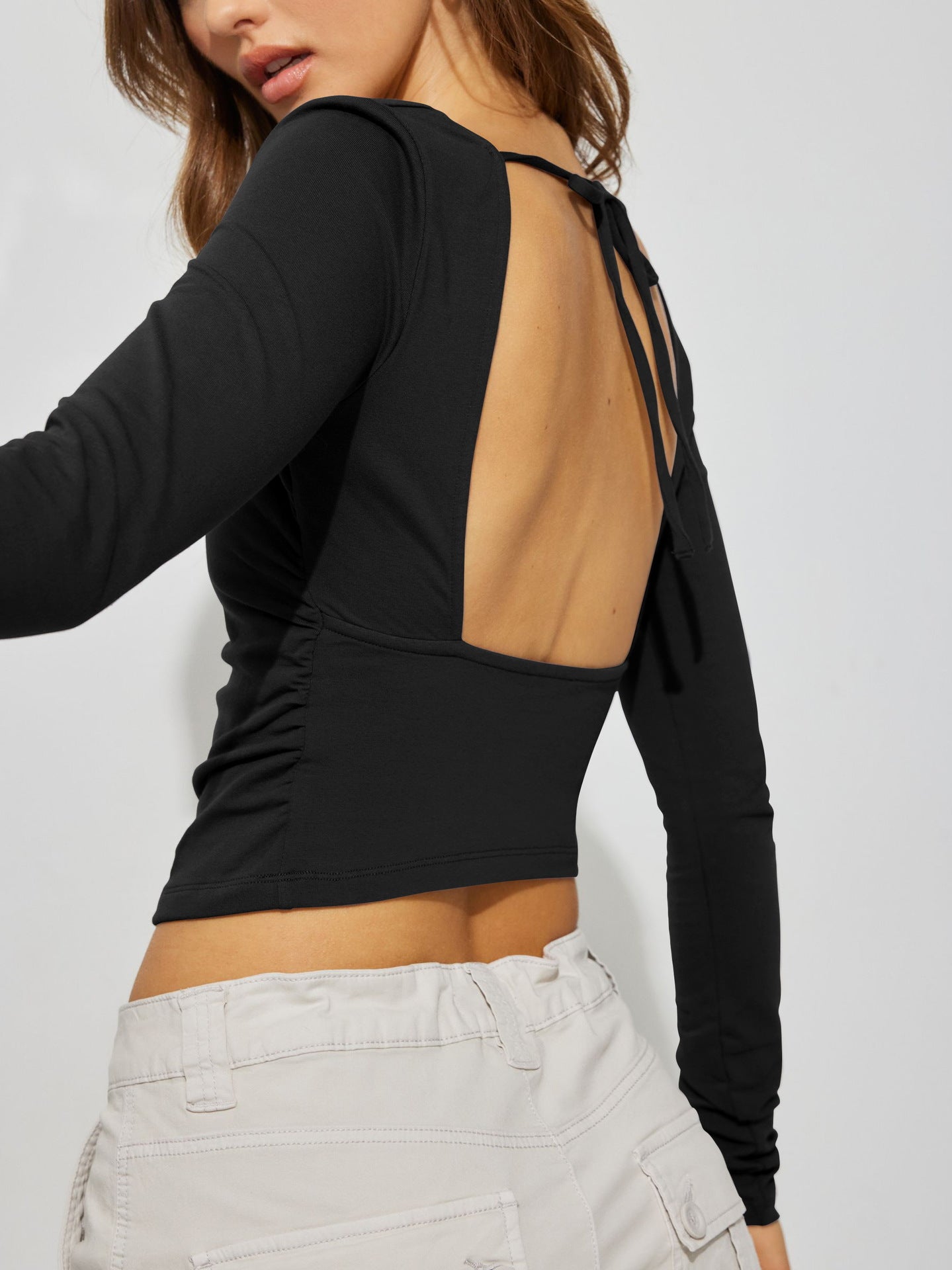 Sexy Backless Tie Back Long Sleeve Crop Top