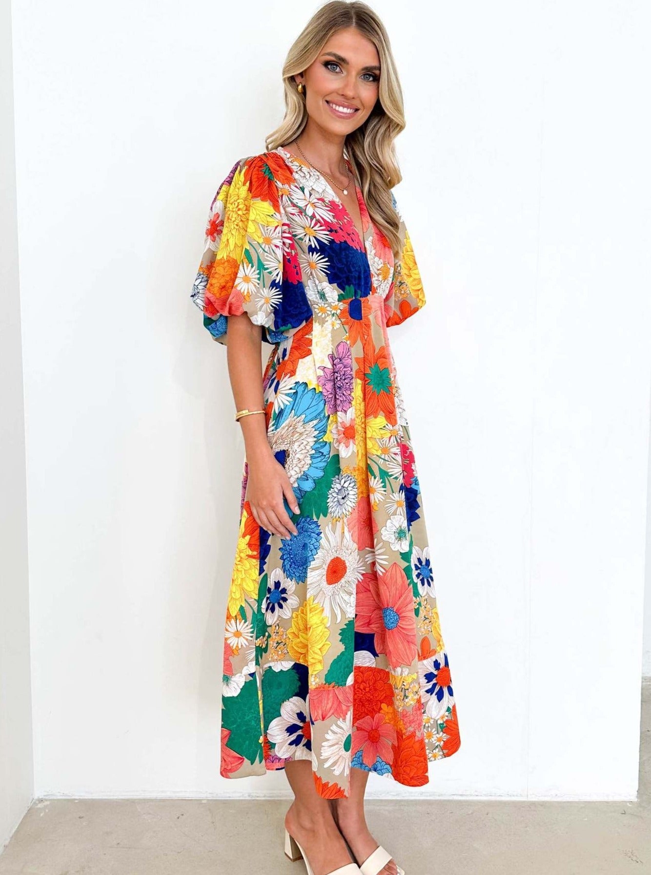 Casual Floral Bubble Sleeve Temperament Midi Dress