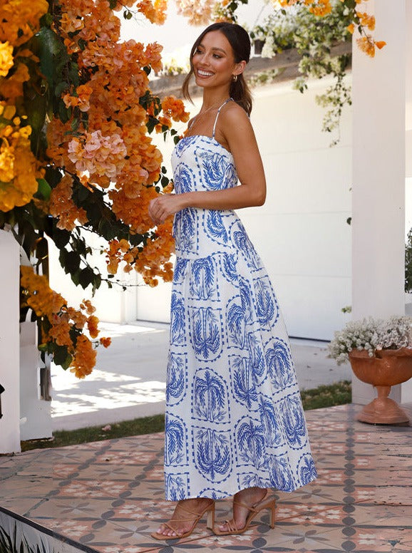 Blue Halter Neck Floral Backless High Waist Maxi Dress