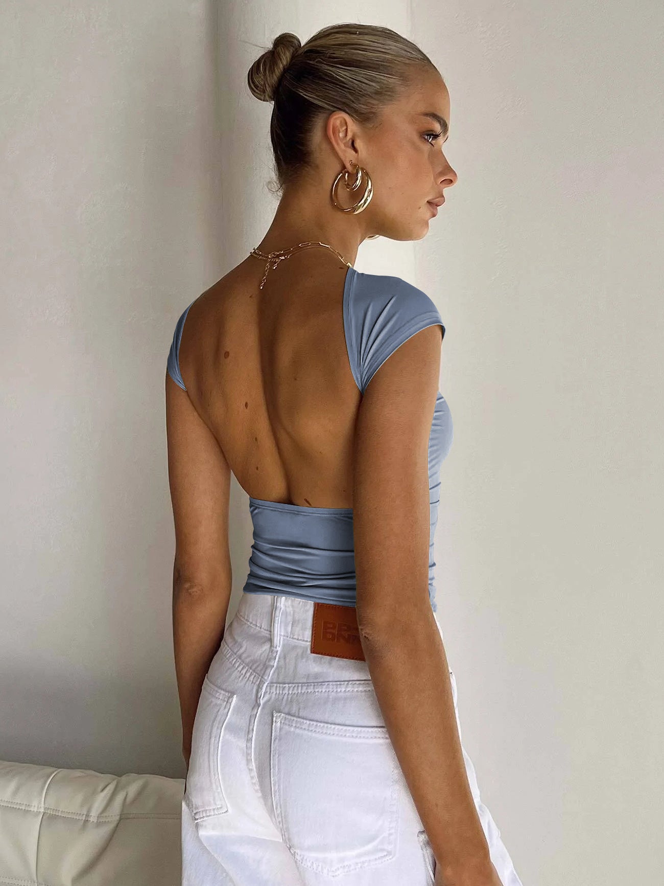 Blue Sexy Backless Slim Breathable Short Sleeve Shirt