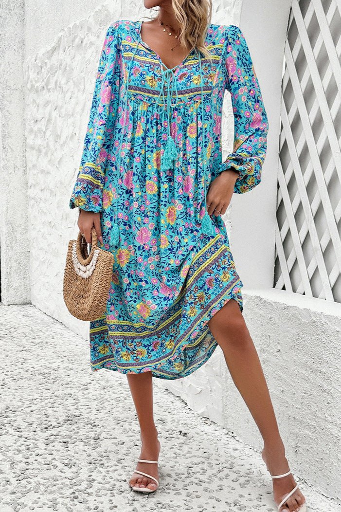 Stylish Blue Floral Long Lantern Sleeve Midi Dress