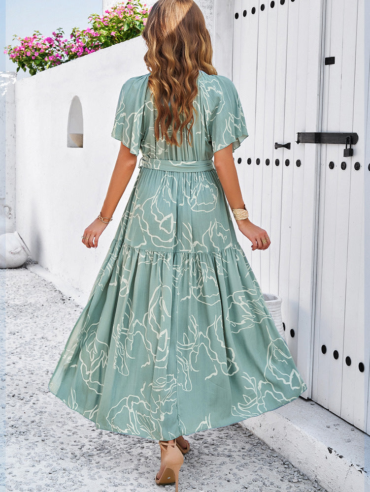 Green Deep V-Neck Bohemian Flare Short Sleeve Dress