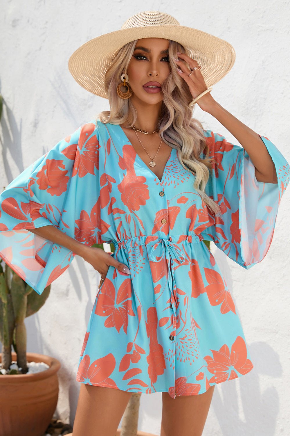 Tropical Blue Printed Half Sleeve Mini Dress