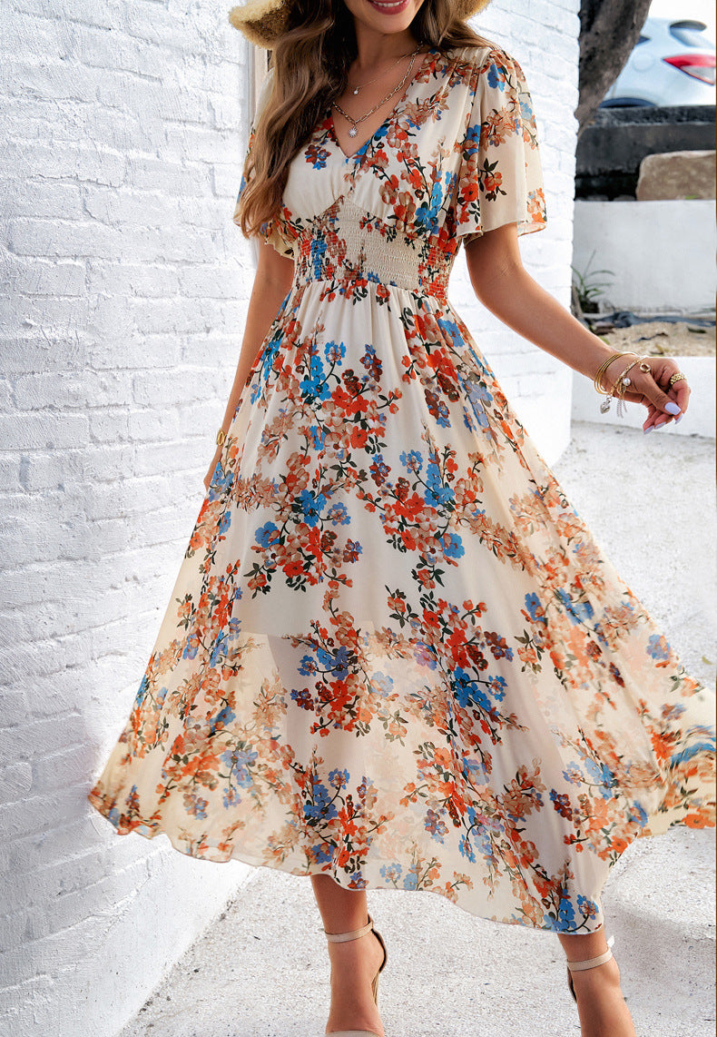 Apricot Floral Printed V-Neck Sundress