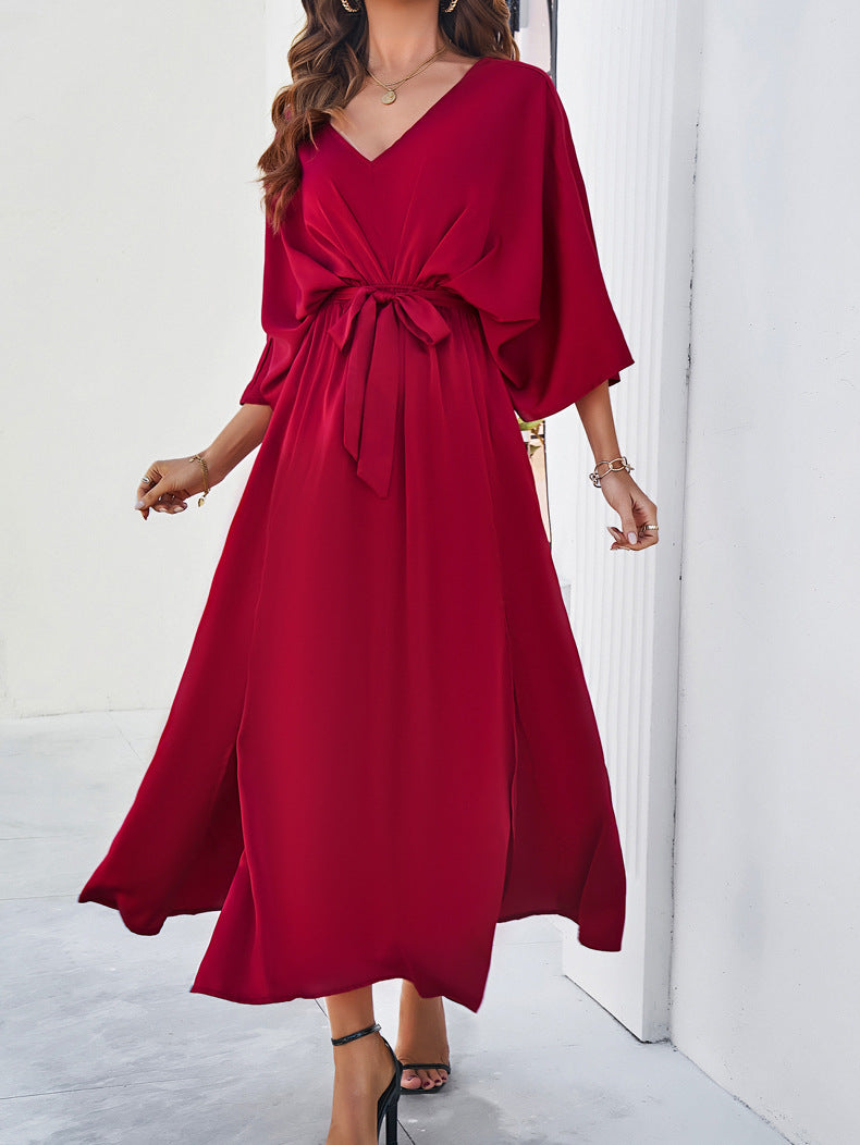 Elegantes Wickelkleid, Rotes Maxi-Kleid mit V-Ausschnitt und Taillengürtel