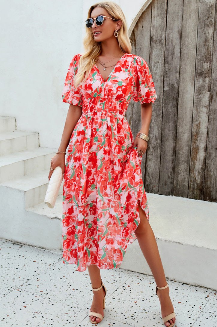 Red Casual Floral V-Neck Puff Sleeve Midi Dress