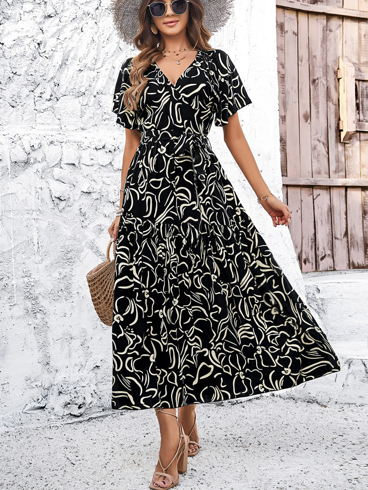 Black Deep V-Neck Bohemian Flare Short Sleeve Dress