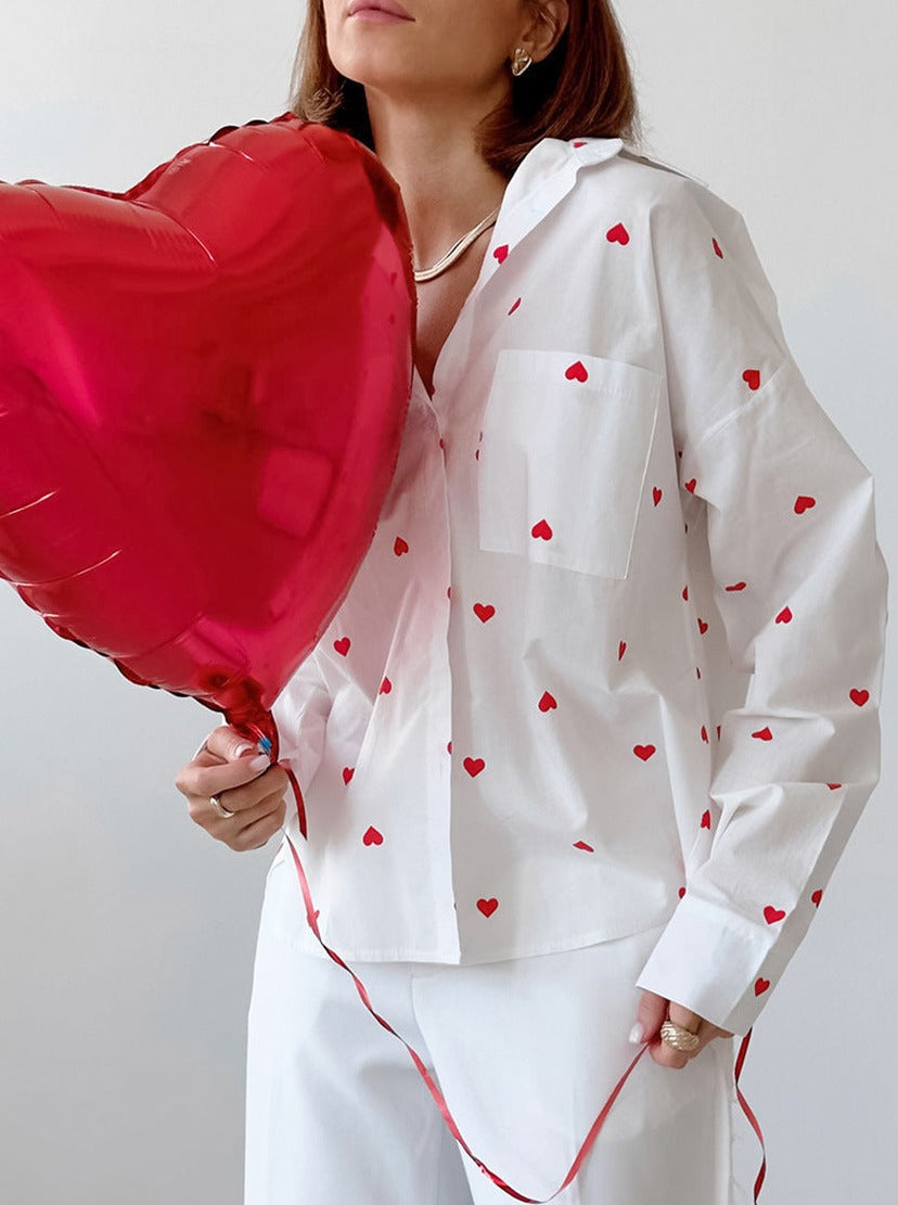 Heart Print Long Sleeve Pocket Shirt