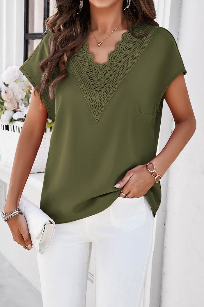 Green Elegant V-Neck Lace Short Sleeve Shirt