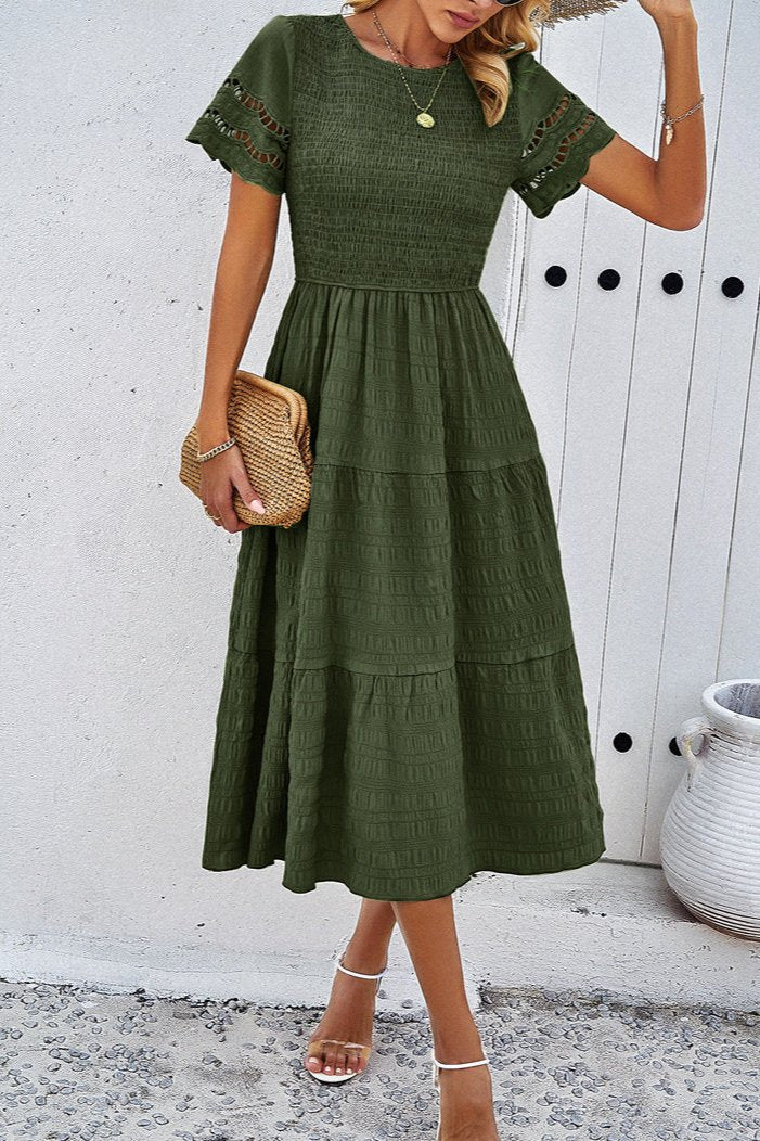 Casual Solid Crochet Lace Sleeve A-Line Midi Dress