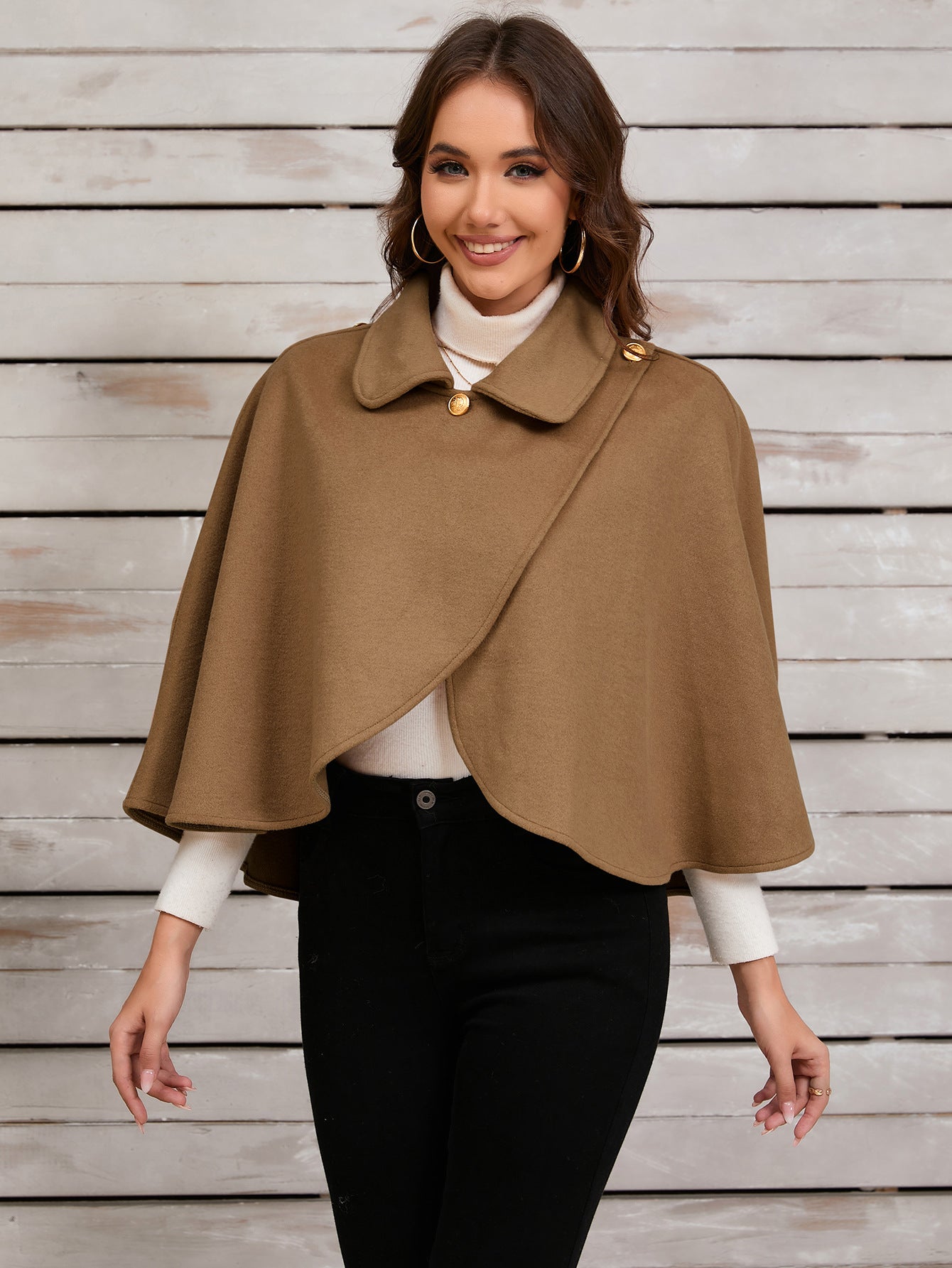 Chic Camel Cape with Elegant Gold Button for Sophisticated Occasions