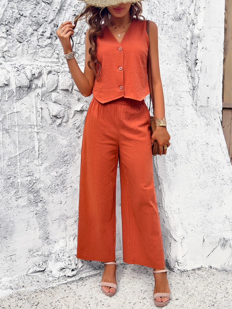 Orange V-Neck Buttoned Vest Casual Set Suit