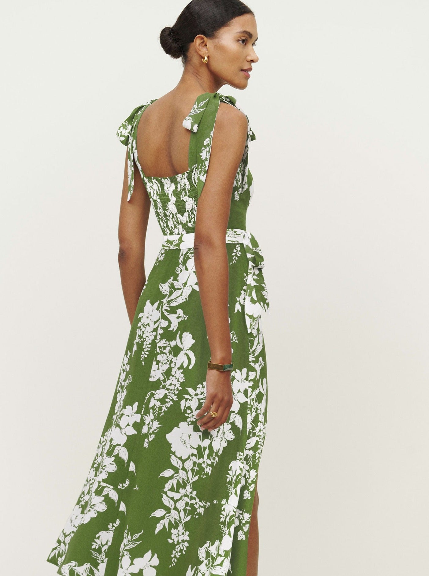 Green Floral Print Suspender Strap Square Neck Slit Dress