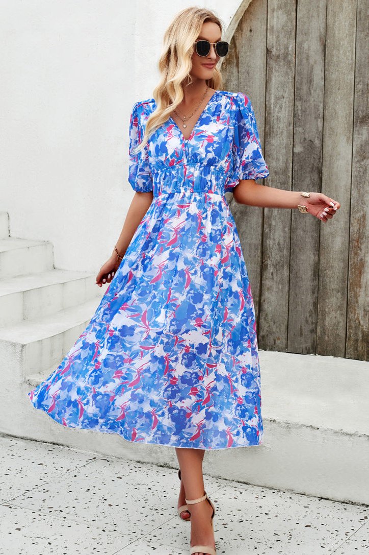 Casual Floral V-Neck Puff Sleeve Midi Dress