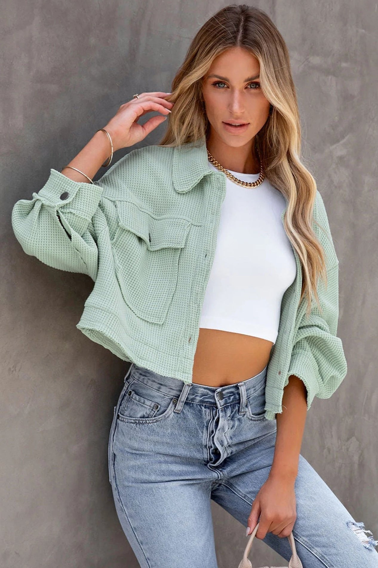 Mint Green Long Sleeve Solid Color Collared Jacket