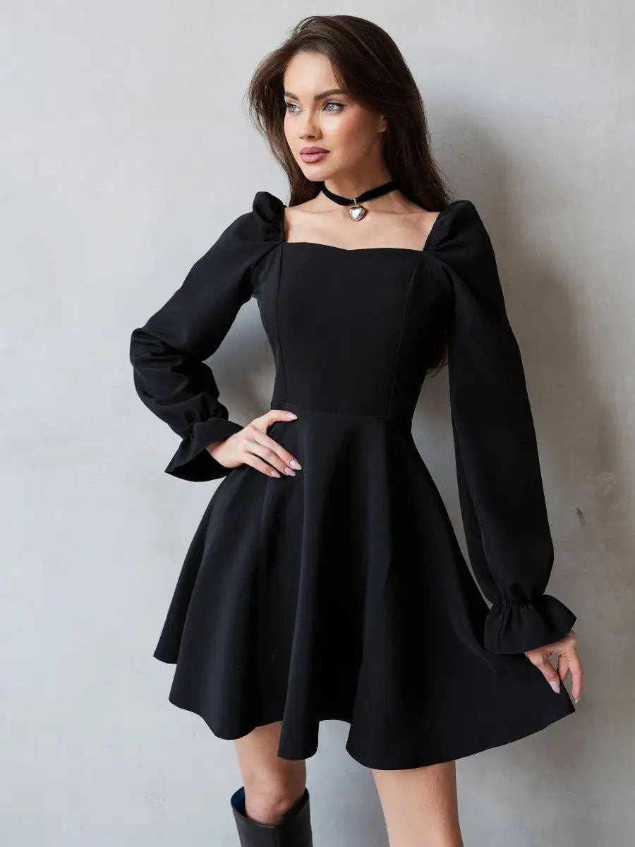 Classy Square Neck Long Lantern Sleeve High Waist Mini Dress