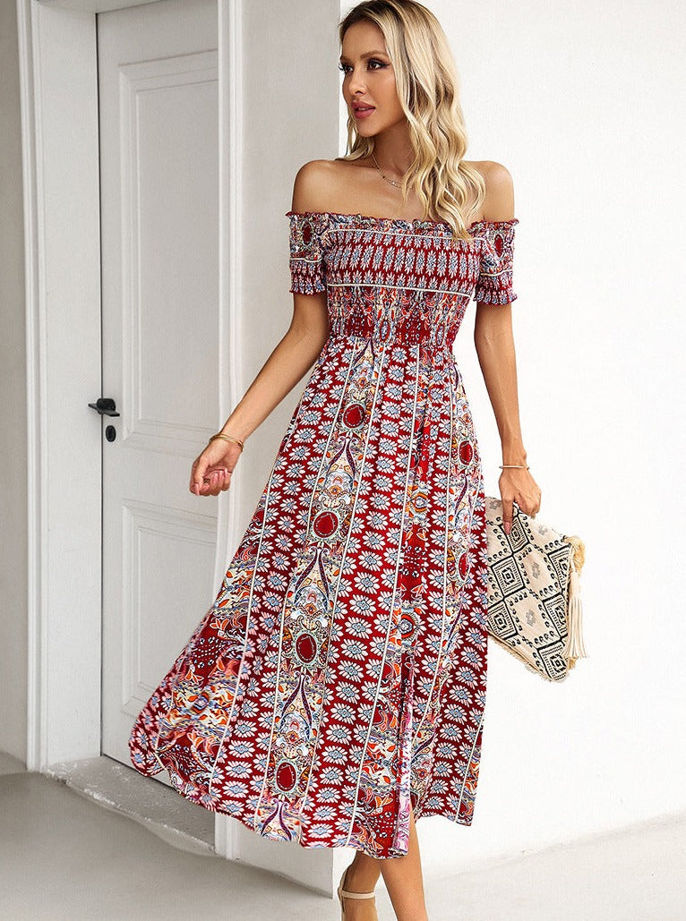 Summer Off Shoulder Bohemian Slit Midi Dress