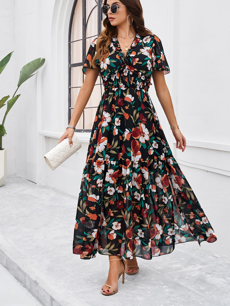 Black Green V-Neck Floral Printed Sundress