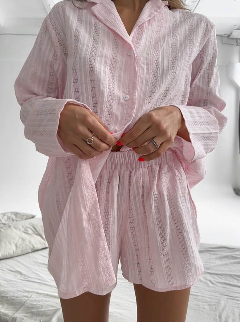 Two Piece Set Nightwear Long Sleeve Shirt and Shorts