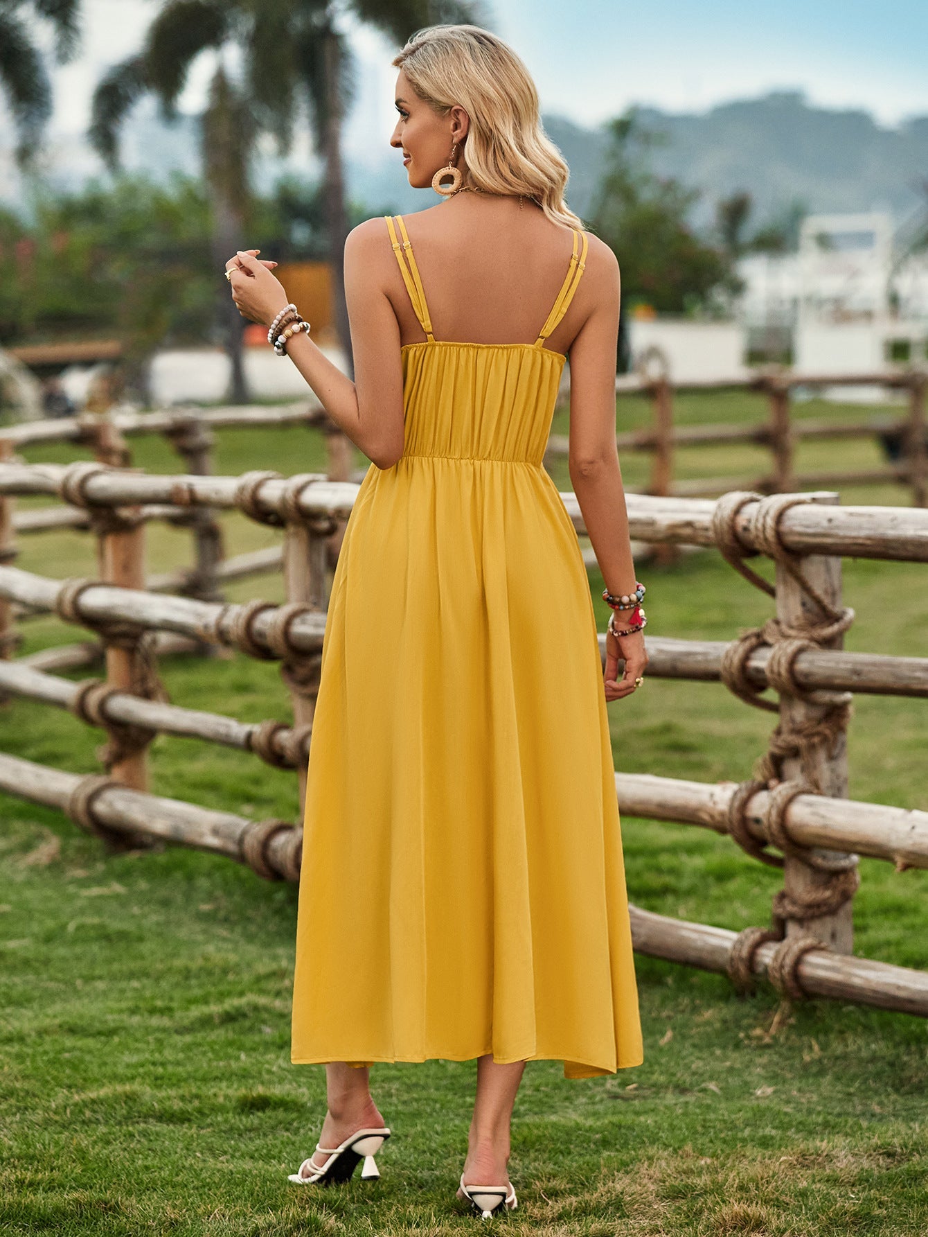 Solid Color Sleeveless Tie Waist Dress