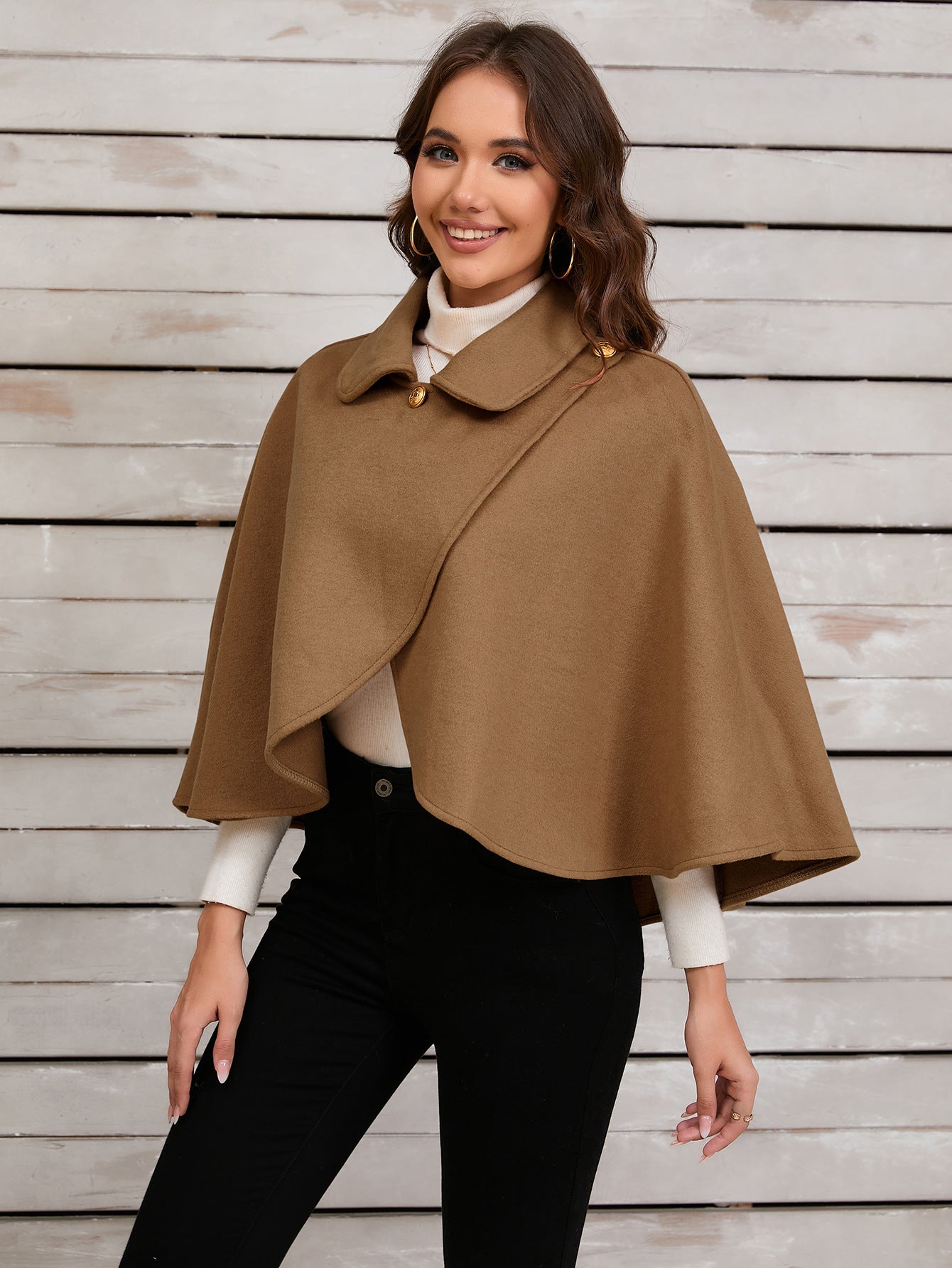 Chic Camel Cape with Elegant Gold Button for Sophisticated Occasions